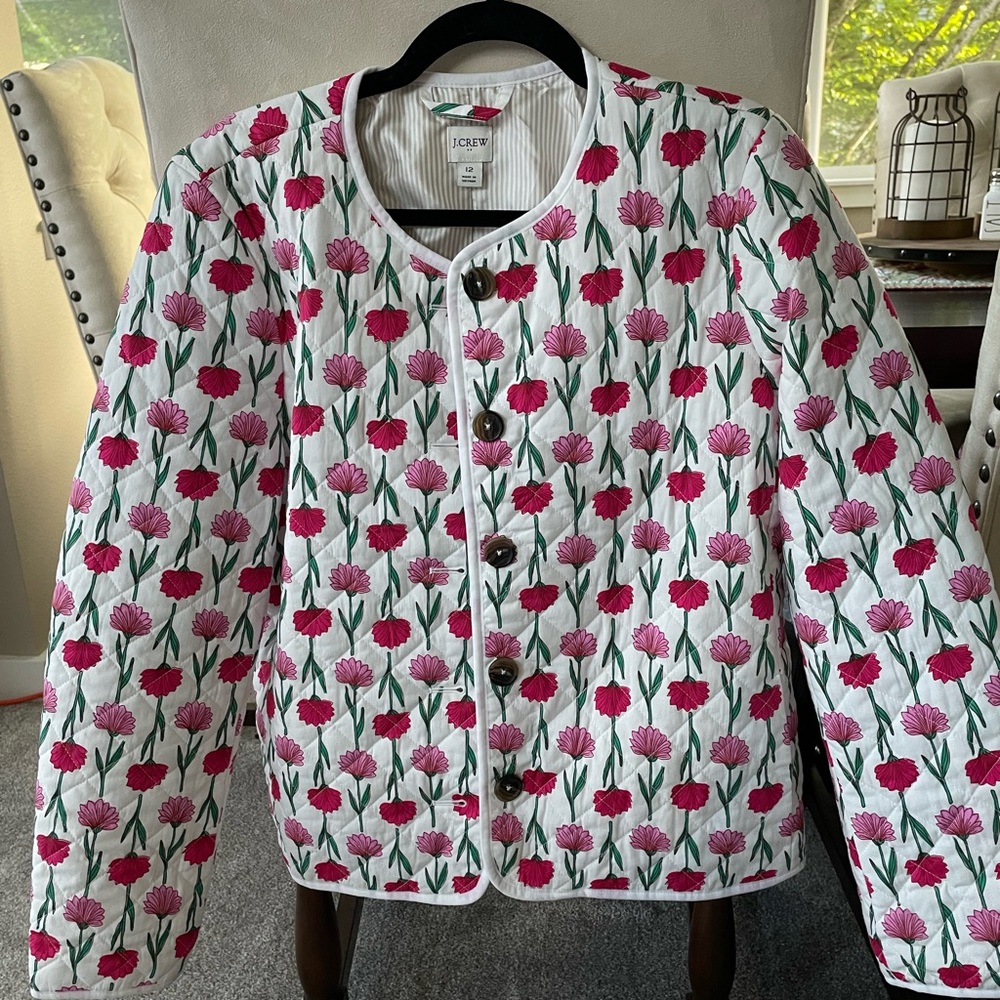J. Crew White Quilted Button-Down Jacket with Pink & Fuchsia Floral Print
